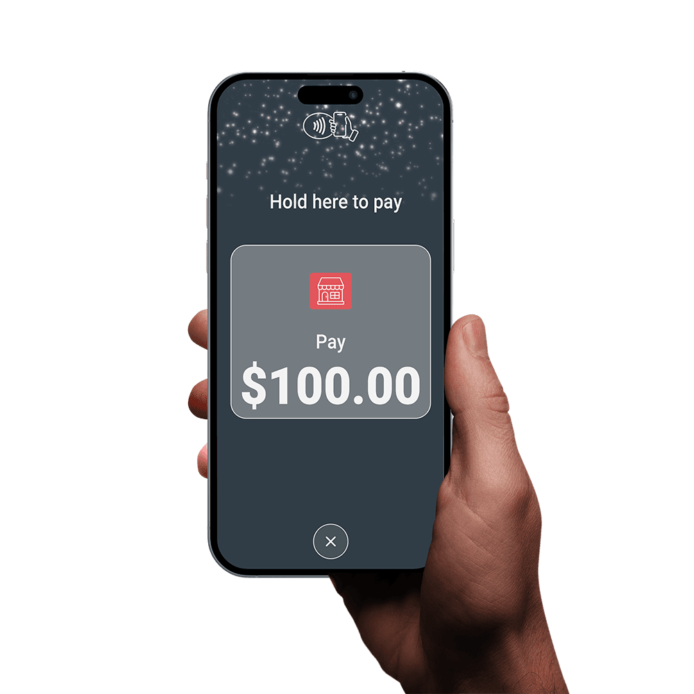 A hand holding a phone showing the Saberpay Tap to Phone screen, ready to take a $100.00 contactless payment